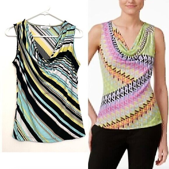 CALVIN KLEIN Printed Sleeveless Cowl Neck Top Blue Black White Striped Office S - Picture 1 of 11
